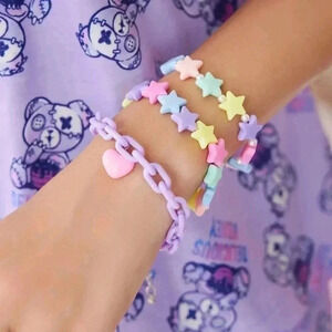 Three piece pastel purple rainbow color graphic Star girls bracelet set jewelry